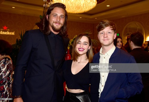 LOS ANGELES, CA - JANUARY 09:  (EXCLUSIVE COVERAGE) (L-R) Actors Sam Heughan, Emilia Clarke and Mike