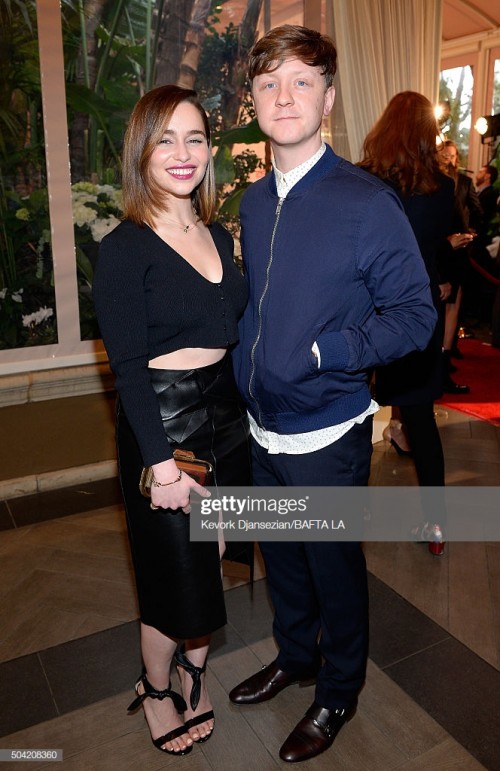 LOS ANGELES, CA - JANUARY 09:  (EXCLUSIVE COVERAGE)  Actors Emilia Clarke (L) and Mike Noble attends