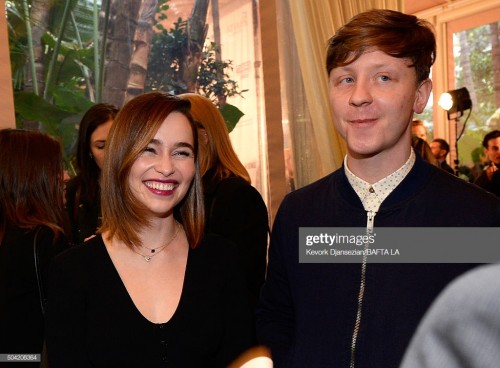 LOS ANGELES, CA - JANUARY 09:  (EXCLUSIVE COVERAGE)  Actors Emilia Clarke (L) and Mike Noble attends