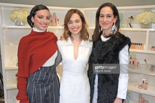 LONDON, ENGLAND - JANUARY 24: (L to R) Noor Tagouri, Emilia Clarke and Jane Lauder attend the Cliniq