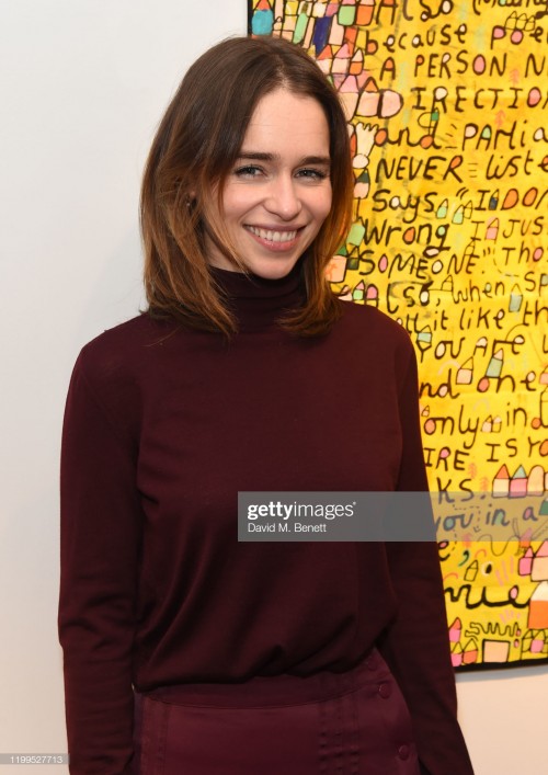 LONDON, ENGLAND - FEBRUARY 08:  Emilia Clarke attends the Gommie exhibition at Messums London on Feb